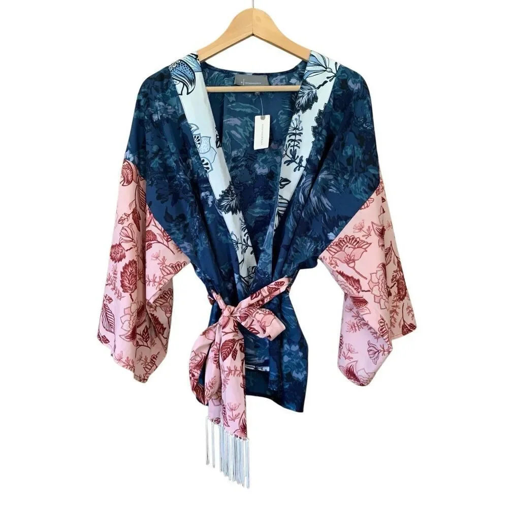 Anthropologie Tori Floral Cropped Belted Kimono Blue Multi One Size - Picture 5 of 13